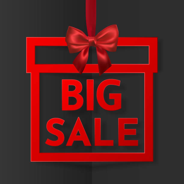 istock Big sale. Bright holiday gift box frame banner hanging with red ribbon and silky bow on dark background. Vector illustration 1093512574