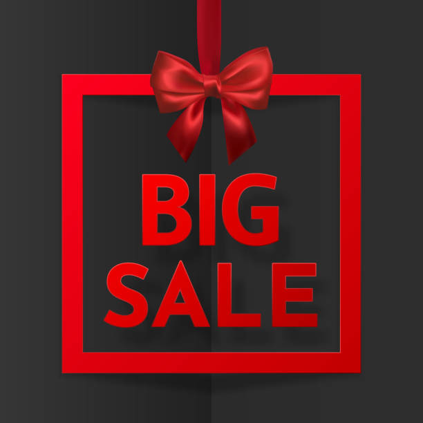 istock Big sale. Bright holiday gift box frame banner hanging with red ribbon and silky bow on dark background. Vector illustration 1093512590