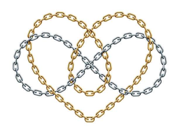 Heart with infinity symbol of gold and silver chains. Forever love sign. Vector illustration. Heart shape and infinity symbol made of intersected golden and silver chains. Forever love sign. Vector realistic illustration isolated on white background. celtic knot symbol of eternal love stock illustrations