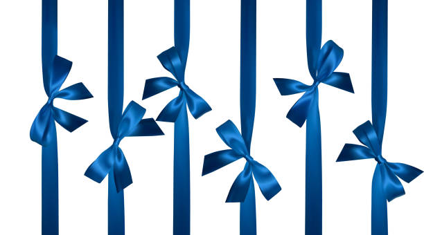 illustrations, cliparts, dessins animés et icônes de archet de bleu réaliste avec des rubans bleus verticales isolé sur blanc. élément de décoration cadeaux, les salutations, les vacances. illustration vectorielle - bow blue gift white
