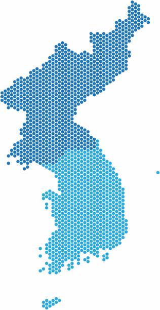 ilustraciones, imágenes clip art, dibujos animados e iconos de stock de forma de círculo azul del norte y corea del sur mapa sobre fondo blanco, ilustración vectorial. - korean currency