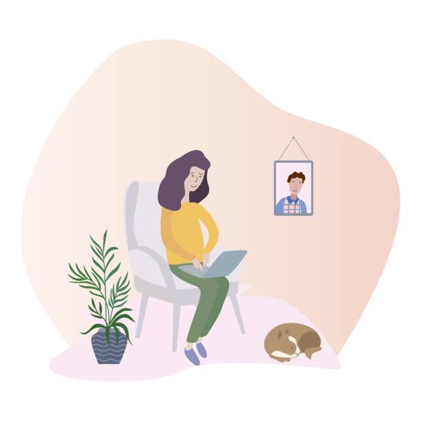 Young woman with notebook and cat on chair at home. Flat style vector illustration. Young woman with notebook and cat on chair at home. Flat vector illustration. sign language class stock illustrations