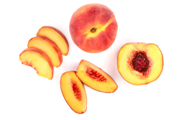 istock ripe peaches isolated on white background. Top view. Flat lay pattern 1093515052
