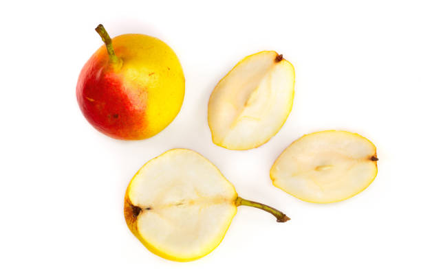 istock ripe red yellow pear fruits isolated on white background. Top view. Flat lay pattern 1093515096