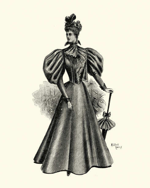 ilustraciones, imágenes clip art, dibujos animados e iconos de stock de finales mujeres victorianas modas, vestido de caminar, de 1890 - puffed sleeve