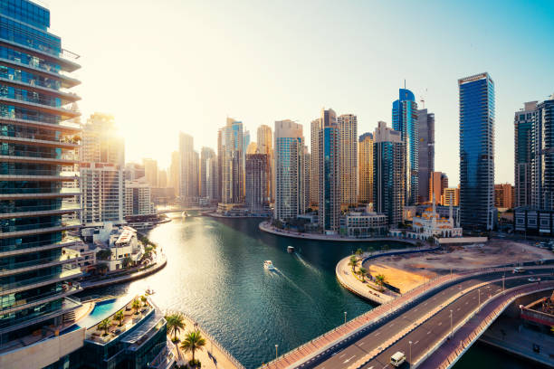 두바이 마리나 지평선 및 새벽에 현대적인 고층 빌딩 - dubai skyscraper architecture united arab emirates 뉴스 사진 이미지