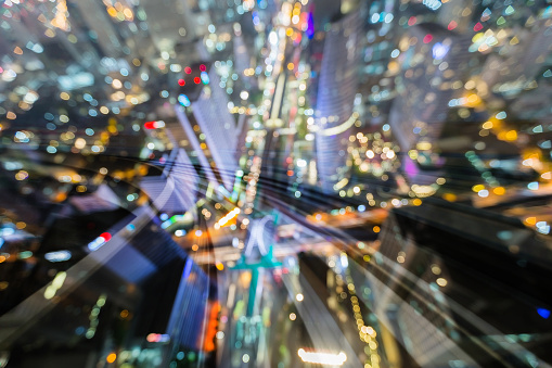 Aerial view city blur light double espouse train blur motion, abstract background