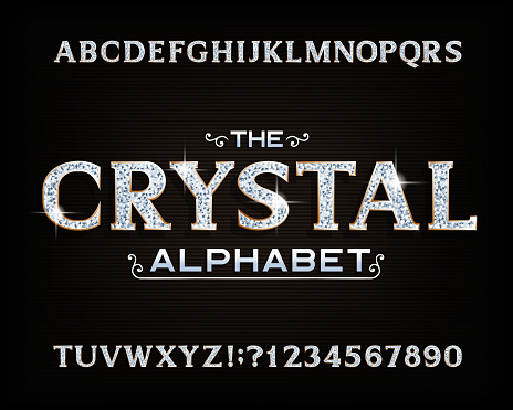 Crystal alphabet font. Luxury diamond letters and numbers with gold bevel. Stock vector typescript for your design.