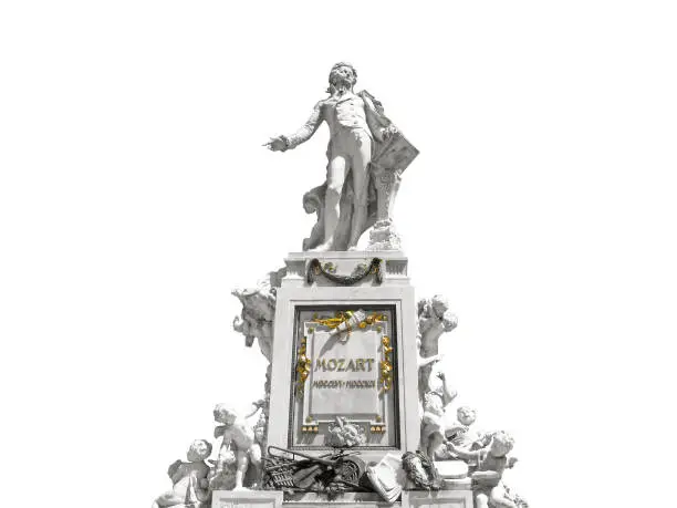 Photo of Wolfgang Amadeus Mozart, isolated sculpture on white background