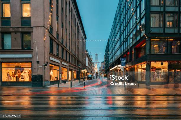 Helsinki Finland New Year Lights Xmas Christmas Decorations And Festive Illumination In Crossroad Of Aleksanterinkatu Street And Iso Roobertinkatu Winter Christmas Holiday Season Stock Photo - Download Image Now