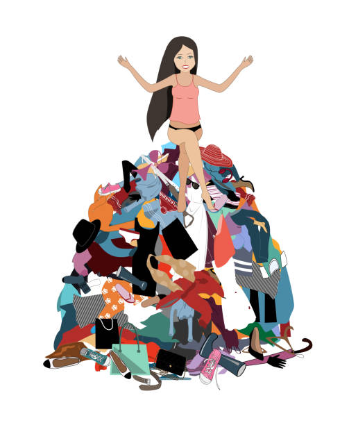 Nothing to wear concept, young attractive stressed woman seating in a pile of messy clothes gotten out of closet. Vector illustration Nothing to wear concept, young attractive stressed woman seating in a pile of messy clothes gotten out of closet. Flat vector illustration belongings stock illustrations