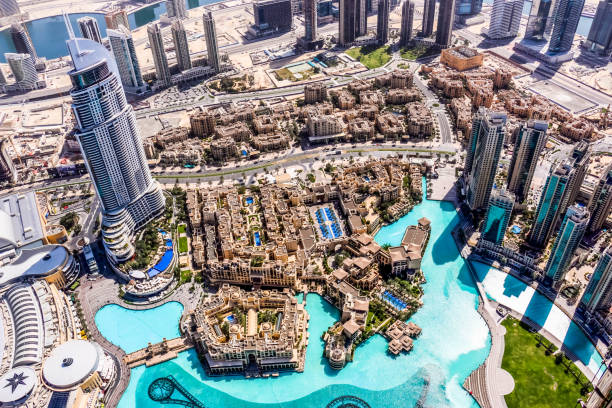 A the top view of Address Hotel Downtown Dubai, UAE stock photo