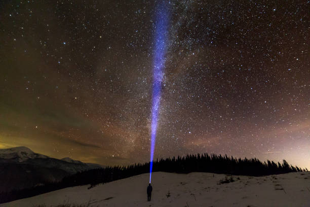 istock Back view of man with head flashlight standing on snowy valley under beautiful dark blue winter starry sky, bright blue beam on stars and mountains ridge background. Night photography, light painting. 1093537038