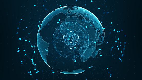 Internet technology network and cyber security concept .Shield icon on secure data global network technology With social network icons surrounded, cyber attack protection for worldwide connections.