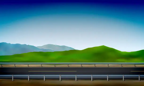 Vector illustration of Side view of a road with a crash barrier, roadside, green meadow in the hills and clear blue sky background, vector illustration
