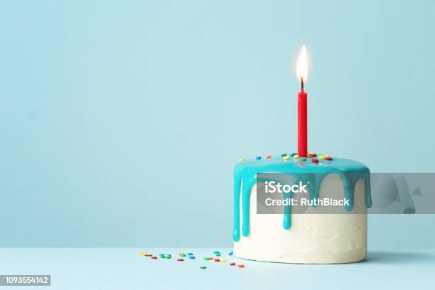 Birthday Cake With One Red Candle Stock Photo - Download Image Now - Cake, Birthday, Birthday Cake