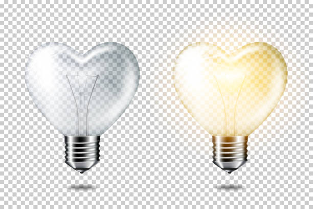 istock Transparent realistic light bulb heart shape with words love set, isolated. 1093559576