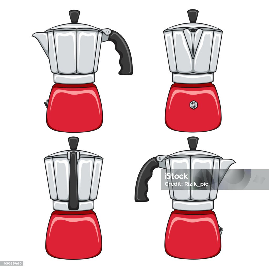 Set of color illustrations of red geyser coffee makers. Isolated vector objects. Set of color illustrations of red geyser coffee makers. Isolated vector objects on white background. Appliance stock vector