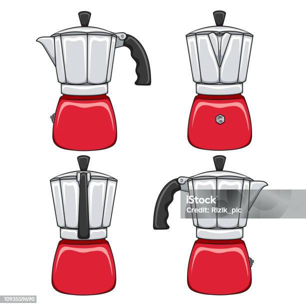 Set Of Color Illustrations Of Red Geyser Coffee Makers Isolated Vector Objects Stock Illustration - Download Image Now