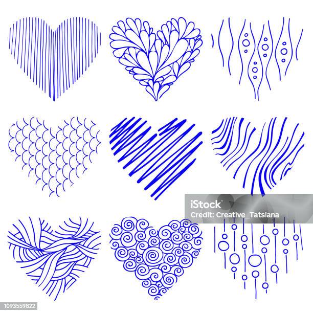 Lovely Set Of Blue Heart Icons Creative Hand Drawn Wavy Spiral Line Net Grid Based Elements For Decoration On Valentines Day Graphic Love Icons Symbols Heart Outline Shape For Printing Stock Illustration - Download Image Now