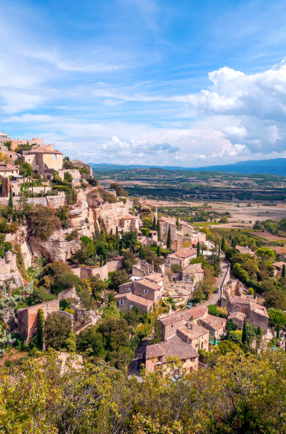 Aerial view of Gordes Gordes village in France on a cloudy day avignon france stock pictures, royalty-free photos & images