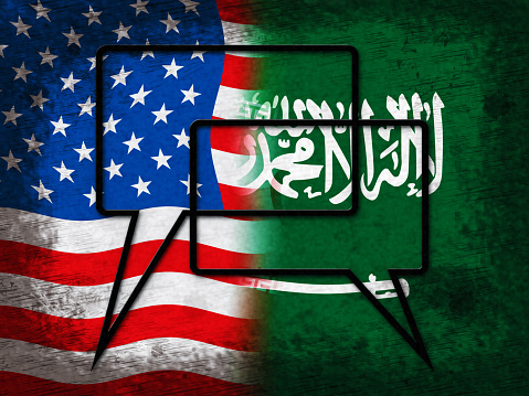 Us Saudi Arabia Flags And Relationship Or Policy. Political Unity Problem With Death Of Khashoggi - 2d Illustration