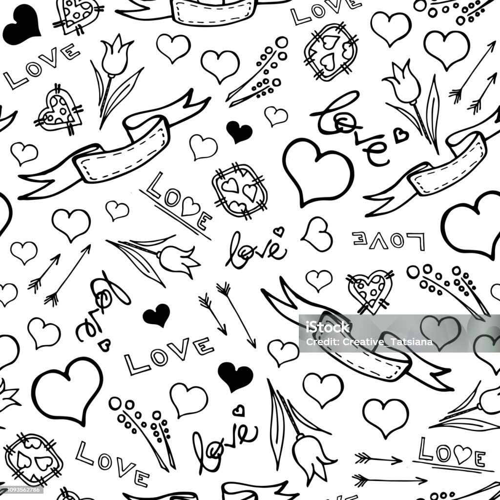 Ilustración de Día De San Valentín De Patrones Sin Fisuras Con Doodle  Corazones Amor Texto Flechas Flores Elementos Decorativos Aislados Sobre  Fondo Blanco Impresión Romántica Con Decoración De Dibujado A Mano Estilo