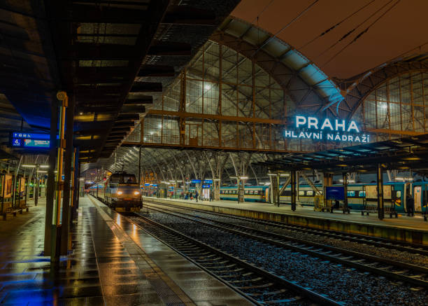 Main station in capital Prague in winter wet night stock photo