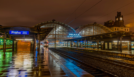 Main station in capital Prague in winter wet cold night