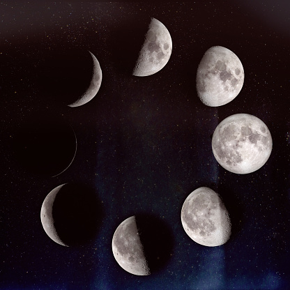 Fases de la luna: el encerar crescent, primer trimestre, gibosa, completo tercer guarter, luna menguante, Luna, luna gibosa menguante, luna nueva. En un cielo estrellado. Los elementos de esta imagen proporcionada por la NASA. photo