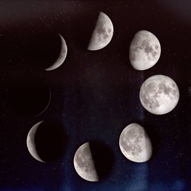 fases de la luna: el encerar crescent, primer trimestre, gibosa, completo tercer guarter, luna menguante, luna, luna gibosa menguante, luna nueva. en un cielo estrellado. los elementos de esta imagen proporcionada por la nasa. - luna creciente fotografías e imágenes de stock