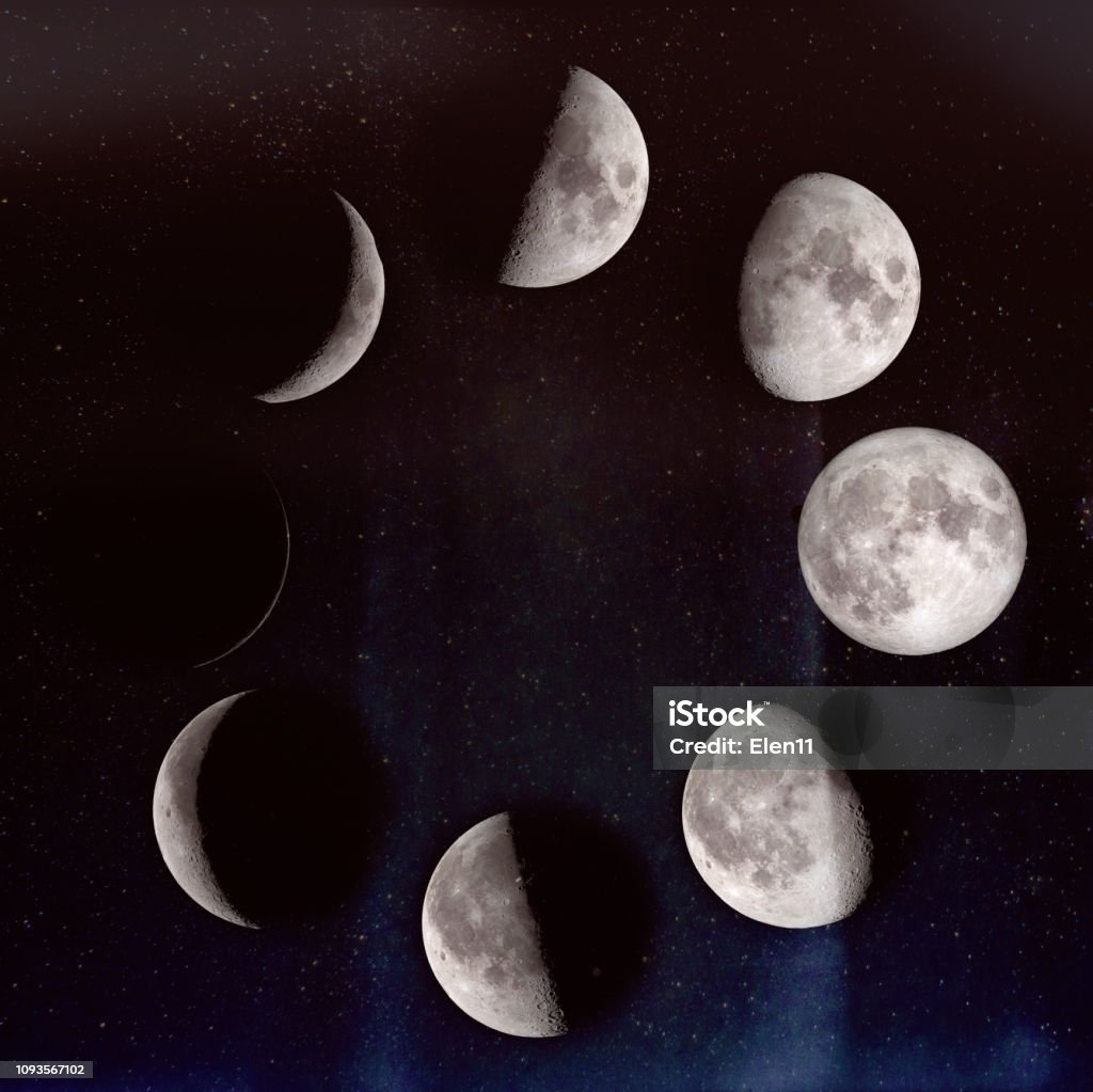 Phases de la lune : Waning crescent, premier trimestre, épilation à la cire gibbeuse croissante, pleine lune, lune gibbeuse décroissante, guarter troisième, nouvelle lune, lune gibbeuse. Sur un ciel étoilé. Les éléments de cette image fournie par  - Photo de Lune libre de droits