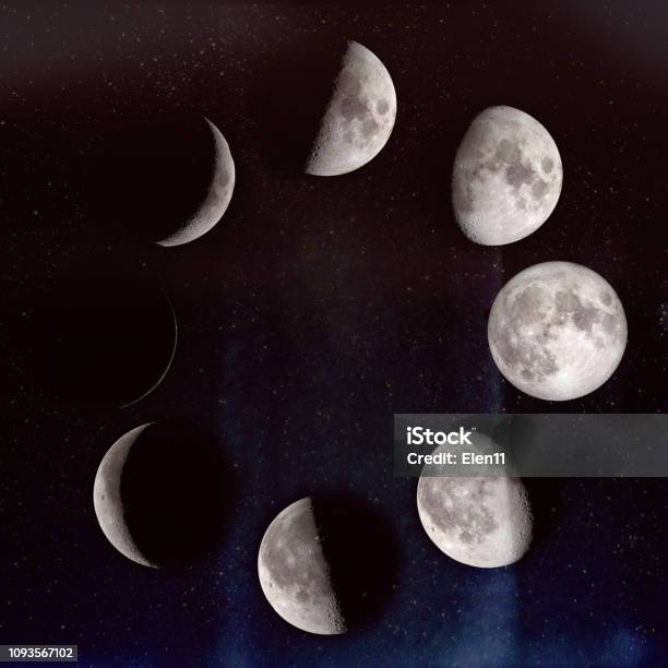 Photo libre de droit de Phases De La Lune  Waning Crescent Premier Trimestre Épilation À La Cire Gibbeuse Croissante Pleine Lune Lune Gibbeuse Décroissante Guarter Troisième Nouvelle Lune Lune Gibbeuse Sur Un Ciel Étoilé Les Éléments De Cette Image Fournie Par banque d'images et plus d'images libres de droit de Lune