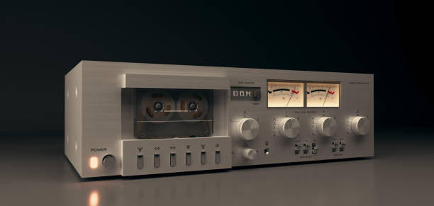 istock Vintage stereo cassette deck closeup, 3D rendering isolated on dark background. 3D render. 3d Illustration 1093567504