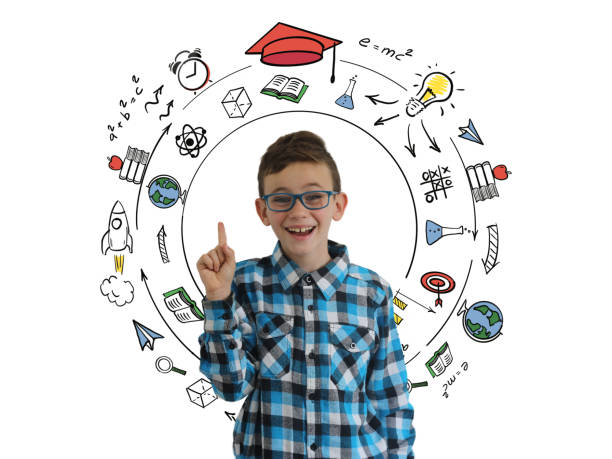 istock Young boy child happy smile think idea education school background 1093568130
