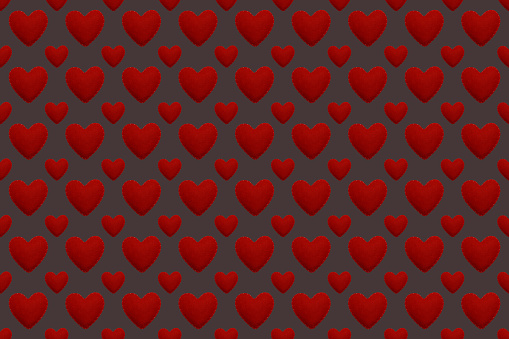 Love theme seamless pattern with red felted hearts. Valentine's day background with different size hearts on dark brown. Design for decoration, gift wrapping paper, covers, textile.