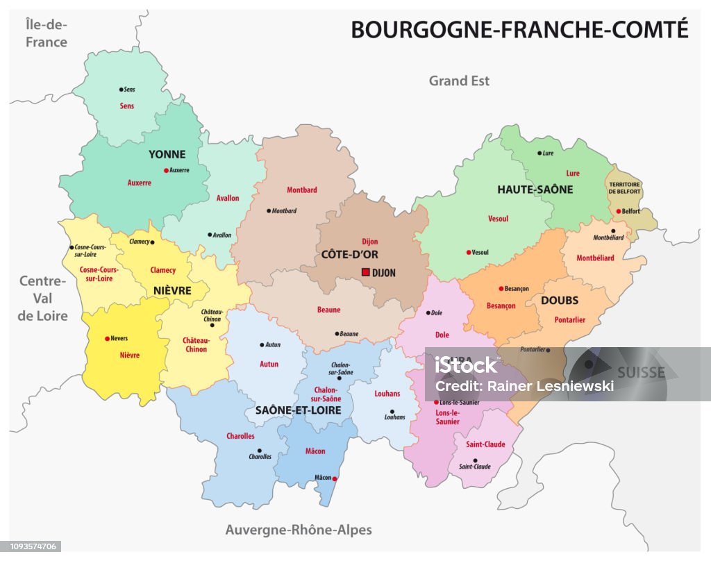 新しいフランス地方ブルゴーニュ フランシュ コンテの行政地図 - イラスト素材...