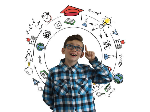 istock Young boy child happy smile think idea education school background 1093575122