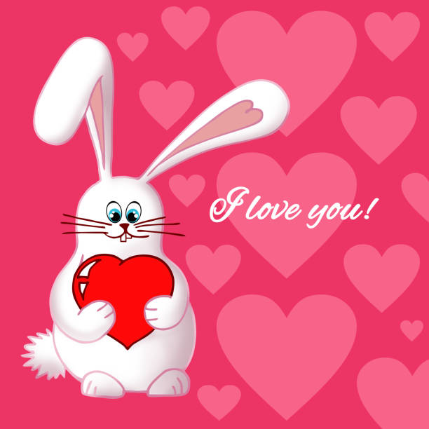 istock Small cartoon rabbit with red heart. Lovely greeting card template on Valentine's Day with text I love you on pink background. Love symbol, banner, postcard 1093575368