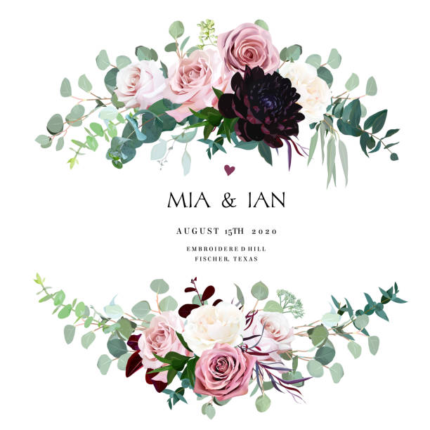 Dusty pink, creamy and mauve antique rose, pale flowers Dusty pink, creamy and mauve antique rose, pale flowers vector design wedding bouquets. Eucalyptus, dark burgundy dahlia, greenery. Floral pastel style border.All elements are isolated and editable fall flower bouquet stock illustrations
