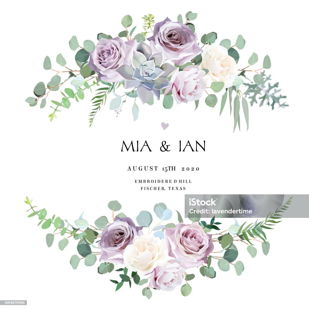 Dusty violet lavender,creamy and mauve antique rose, purple pale flowers Dusty violet lavender,creamy and mauve antique rose, purple pale flowers,succulent vector design wedding bouquets.Eucalyptus, greenery.Floral pastel style border.All elements are isolated and editable Flower stock vector