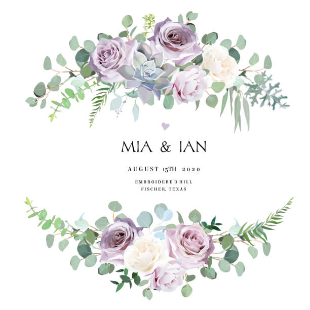 Dusty violet lavender,creamy and mauve antique rose, purple pale flowers Dusty violet lavender,creamy and mauve antique rose, purple pale flowers,succulent vector design wedding bouquets.Eucalyptus, greenery.Floral pastel style border.All elements are isolated and editable lavender lavender coloured bouquet flower stock illustrations