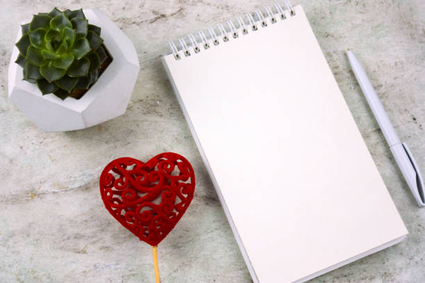 istock succulent in a concrete pot, red heart and open notebook with blank white sheet 1093585398