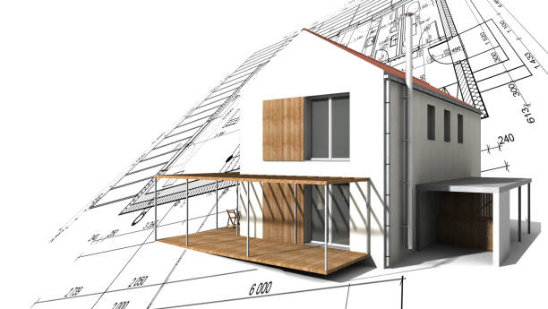 istock 3d house standing and isolated on blueprint plan 1093586346