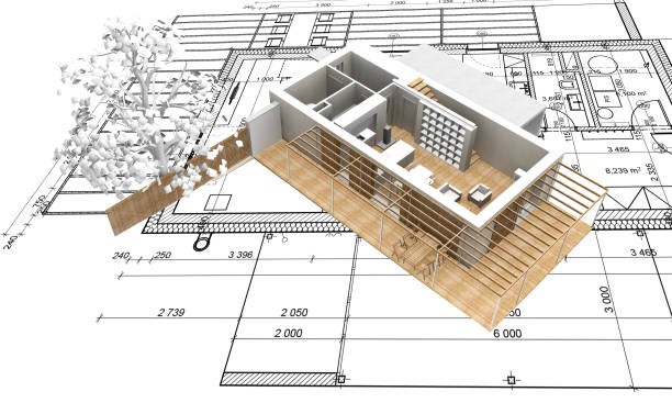 istock 3d house standing and isolated on blueprint plan 1093586538