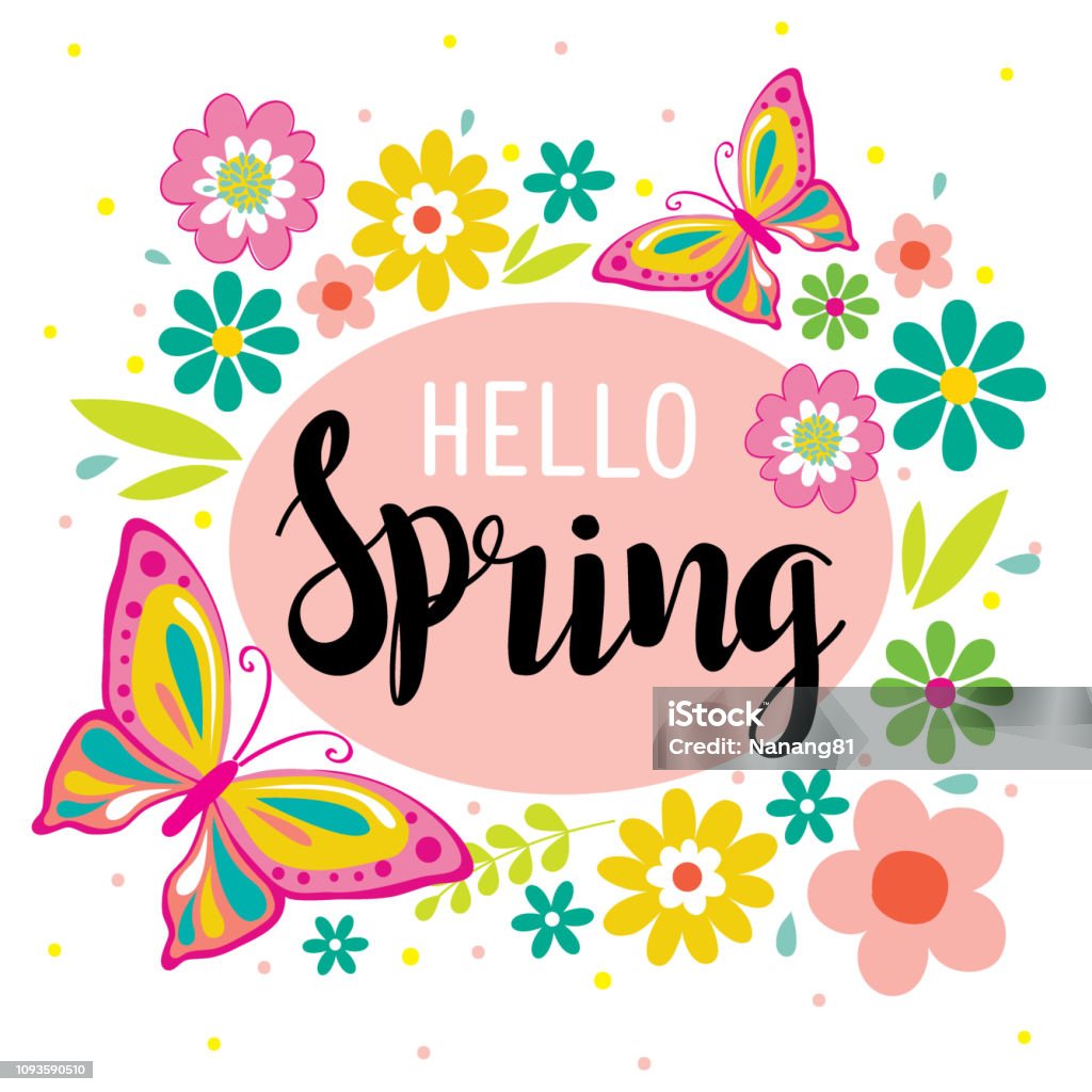 Hello Spring With Cute Flowers And Butterfly Vector Illustration Stock ...