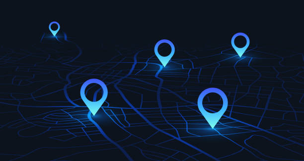 Gps tracking map. Track navigation pins on street maps, navigate mapping technology and locate position pin vector illustration Gps tracking map. Track navigation pins on street maps, navigate mapping technology and locate position pin. Futuristic travel gps map or location navigator vector illustration global positioning system stock illustrations