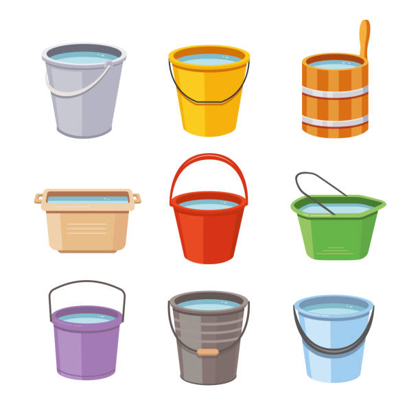 wasser-eimer-set. metall-eimer, isoliert leer und voll kunststoff gartenwanne vektor-illustration-icons - eimer stock-grafiken, -clipart, -cartoons und -symbole