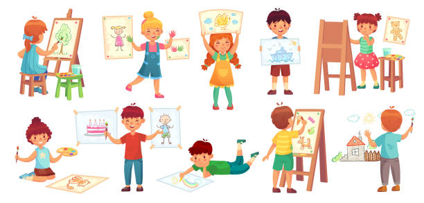 illustrazioni stock, clip art, cartoni animati e icone di tendenza di disegnare bambini. illustratore per bambini, gioco di disegno per bambini e illustrazione vettoriale di cartoni animati di gruppo per bambini - child drawing