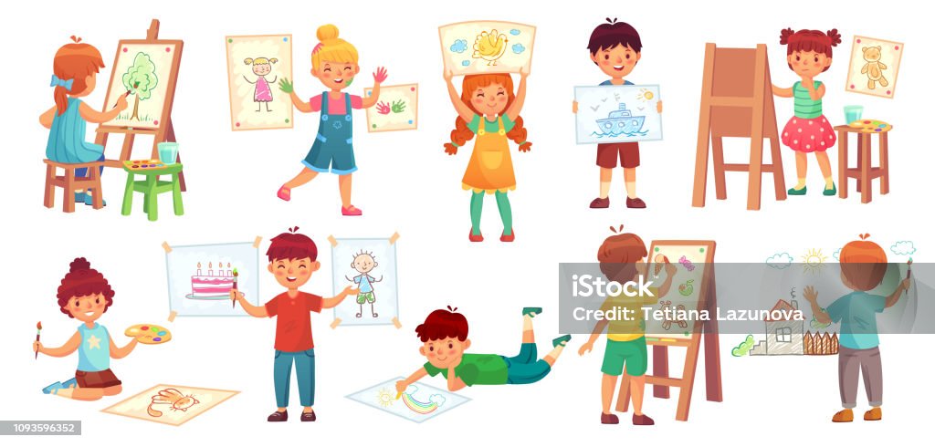 Drawing Children Kid Illustrator Baby Drawing Play And Draw Kids Group  Cartoon Vector Illustration Stock Illustration - Download Image Now - iStock